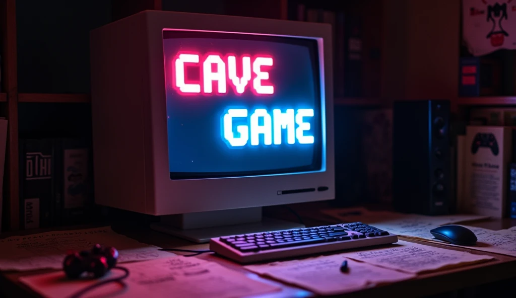 "A retro computer screen showing the title 'Cave Game' with pixelated text, surrounded by early development sketches and notes, ar 16:9"
