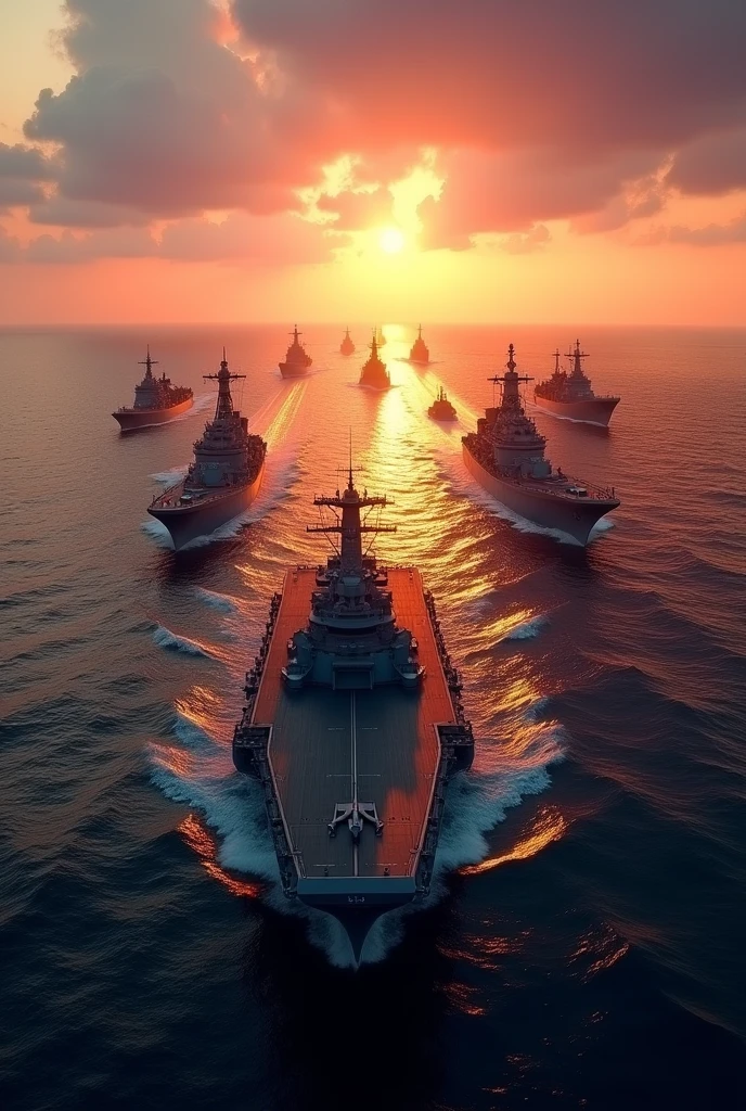 against the backdrop of a majestic sunrise,、A scene of the Kivotos Navy's fleet spread out on the sea.
The dawn sky is slowly々The sky begins to brighten,、the moment the sun rises is the background.。the sea surface is still slightly dark,、amidst the vast expanse of quiet waves,、It depicts an aircraft carrier casually blending into the fleet.。Aircraft carriers blend naturally into the fleet.、Floating silently among the surrounding battleships and destroyers。The flight deck and bridge of the aircraft carrier、As part of the fleet、It is depicted in the same way as other ships.。The sunlight shines on the entire fleet.、their lights reflecting and shimmering on the sea surface,、symbolizing new hope that comes after the battle.。