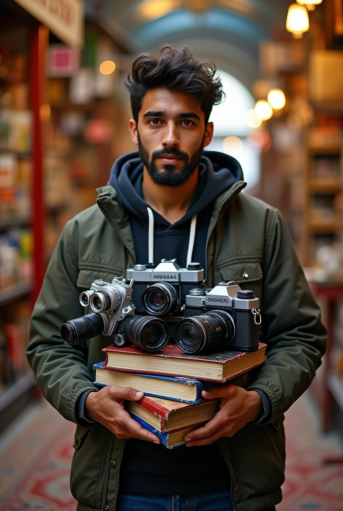 An young man Iranian photographer with several cameras and books in her hands.