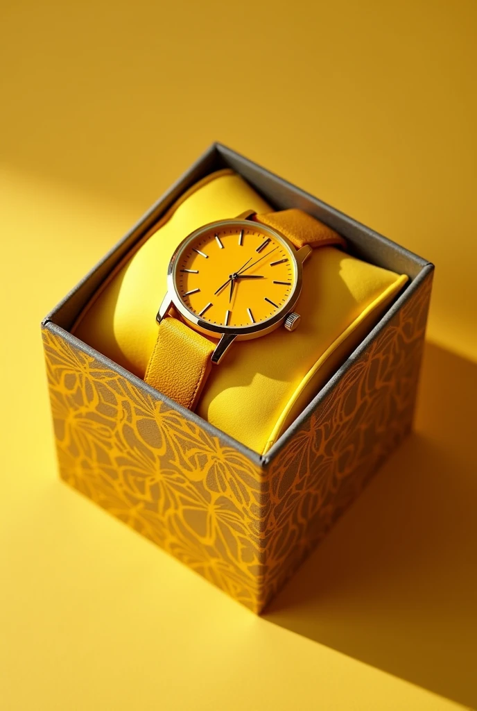 Create a yellow watch, put it in a box. Use the Philippine Flag as inspiration. Show the whole box, dont cut image. Make the whole watch color yellow