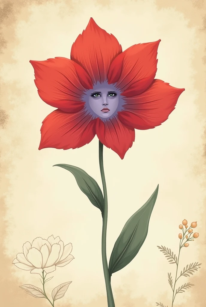 An illustration of a flower ,with a sad and minimalist face,vintage book style illustration