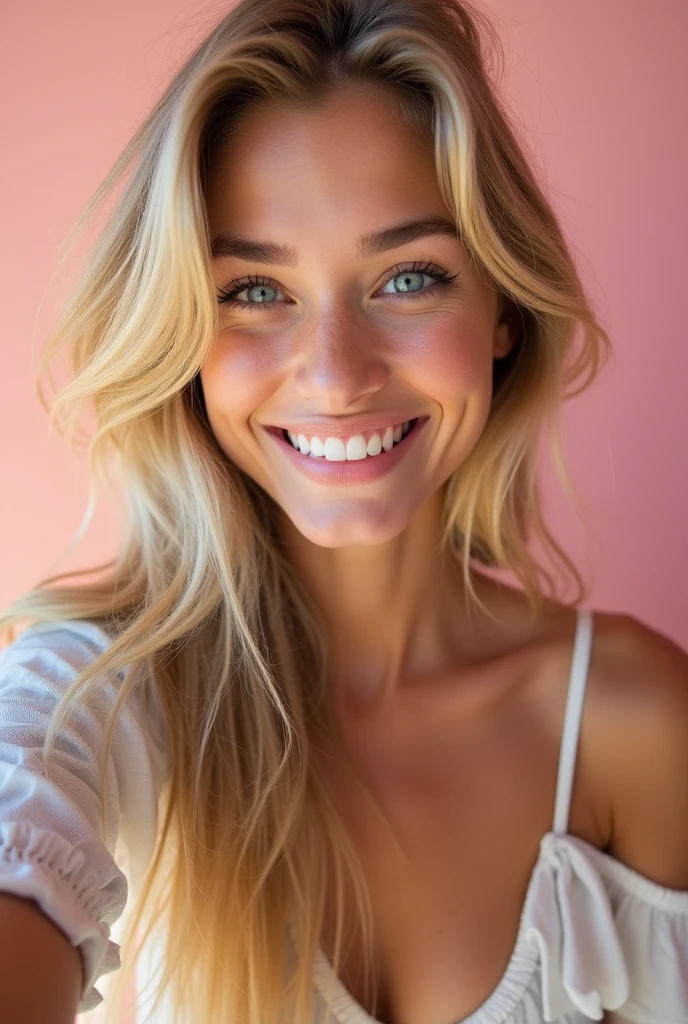 Fille blonde, blue eyes, 19 ans, Take a selfie that shows her chest.