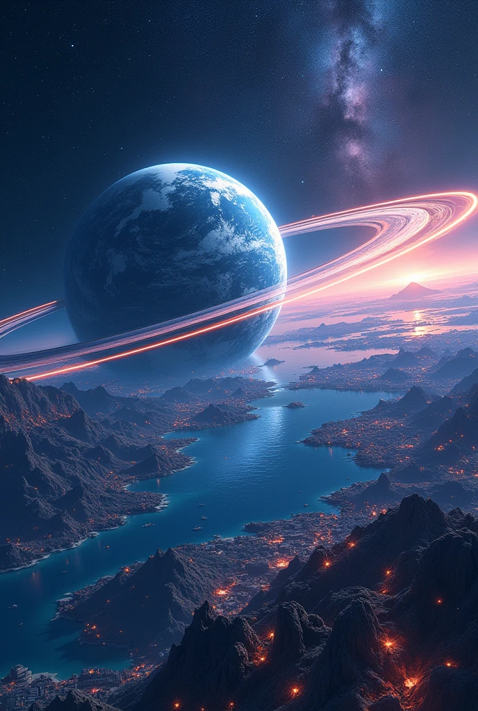 The distant future of planet Earth. The earth has rings, like Saturn. These rings are space stations with their own oceans and cities..   Detailed space
