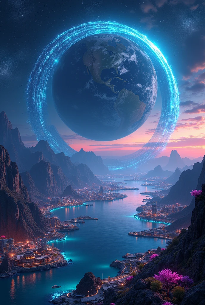 The distant future of planet Earth. The earth has rings, like Saturn. These rings are space stations with their own oceans and cities..   Detailed space