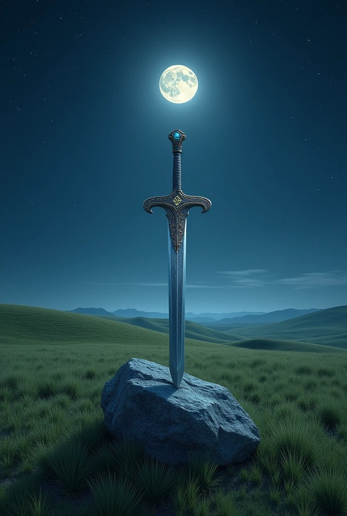 A serene, moonlit prairie stretches out under a vast, starry sky, with gentle hills rolling in the distance. The grass sways softly in the night breeze, illuminated by the cool, silvery light of the full moon. In the foreground, a majestic, ancient sword is embedded in a large, weathered rock, its blade shimmering with a faint, magical glow. The sword's hilt is adorned with intricate runes and gemstones that catch the moonlight, hinting at its mystical power. The scene is tranquil yet filled with a sense of mystery and timeless legend, rendered in high-definition realism, capturing every detail from the texture of the grass to the gleam of the sword.