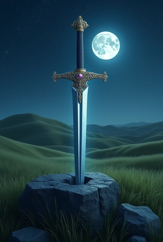 A serene, moonlit prairie stretches out under a vast, starry sky, with gentle hills rolling in the distance. The grass sways softly in the night breeze, illuminated by the cool, silvery light of the full moon. In the foreground, a majestic, ancient sword is embedded in a large, weathered rock, its blade shimmering with a faint, magical glow. The sword's hilt is adorned with intricate runes and gemstones that catch the moonlight, hinting at its mystical power. The scene is tranquil yet filled with a sense of mystery and timeless legend, rendered in high-definition realism, capturing every detail from the texture of the grass to the gleam of the sword.