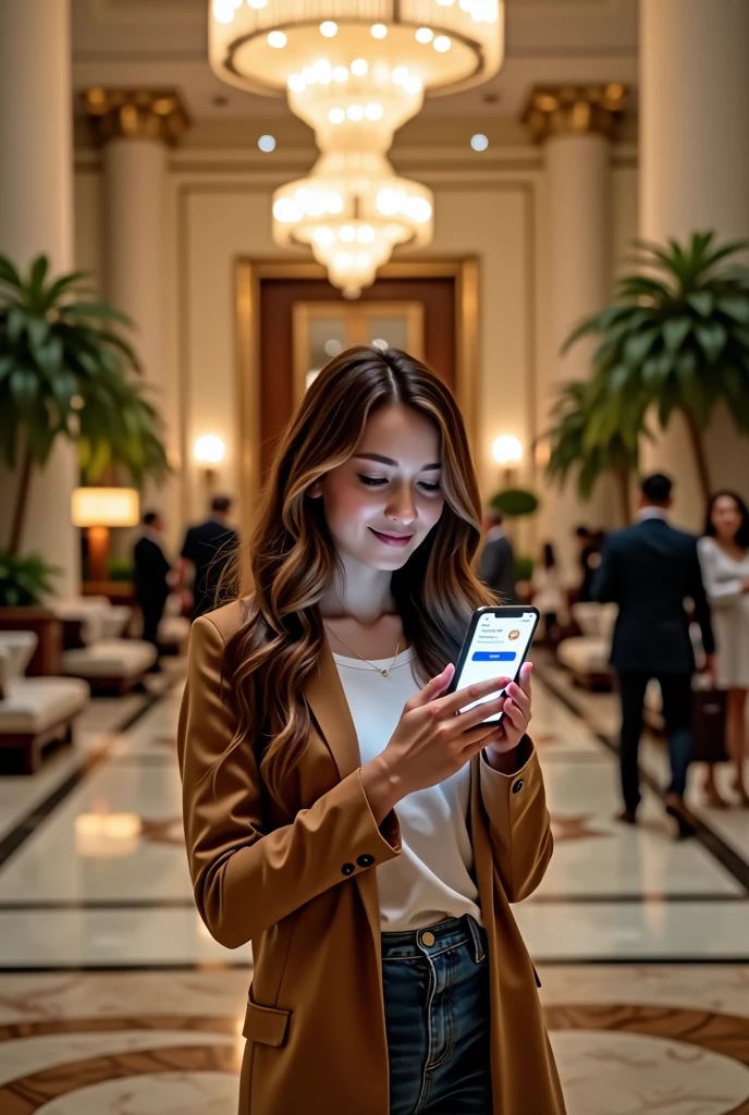 A girl guest in the hotel lobby uses a smartphone app to request early check-in, with a confirmation message on the screen.