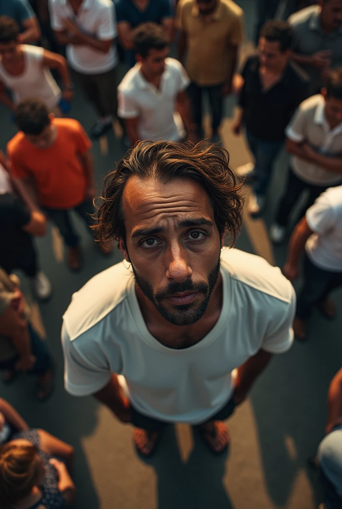 overhead image of a man, apparently tired,  in the middle of the crowd showing fatigue 