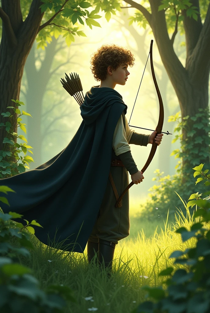 quality,ultra-detailed,photorealistic,beautiful boy in a garden,traditional oil painting,black cape flowing in the wind,deep green grass and tall trees,sunlight filtering through the leaves,enchanted forest,detailed eyes and face,innocent expression,short curly hair, a bow on his hands and arrow carried by the shoulder,gentle smile,warm color palette,soft lighting,mysterious atmosphere,storybook illustration,lush foliage,ethereal beauty,soft textures,dramatic shadows,fairy tale,adventure and danger,classic literature,magical encounter, exploring the unknown,curiosity,prominent eyes,portraits,mythical creature,suspenseful moment,exciting journey,innocence and bravery,contrast between light and dark,hidden dangers,whispering wind and rustling leaves,adding a touch of surrealism, path leading deeper into the forest,quiet and tranquil setting,enchanted garden,contrast between the boy's black cloak and the green surroundings.