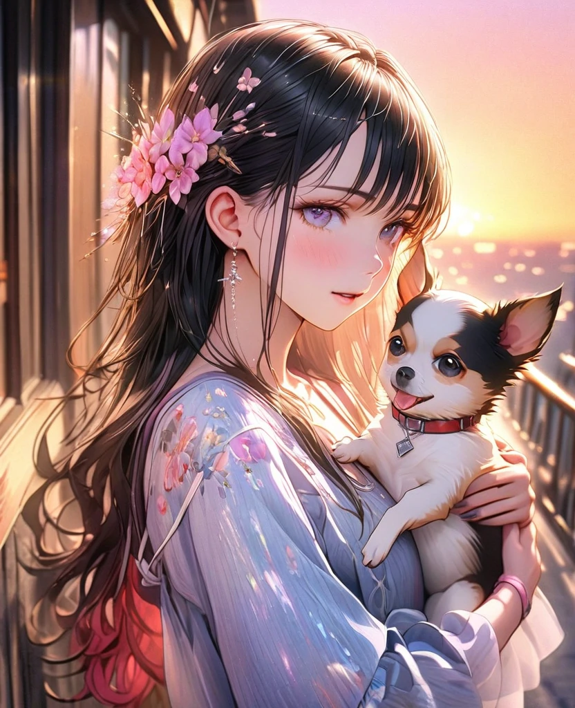 8k,Ephemeral beauty，Very delicate and beautiful,Beautiful and realistic skin,,Black Hair、Long and colorful hair,Beautiful Eyes,good,Beautiful sunset、dog(Chihuahua)hug、Chihuahuaクリーム色、浜辺をdogと散歩、casual
