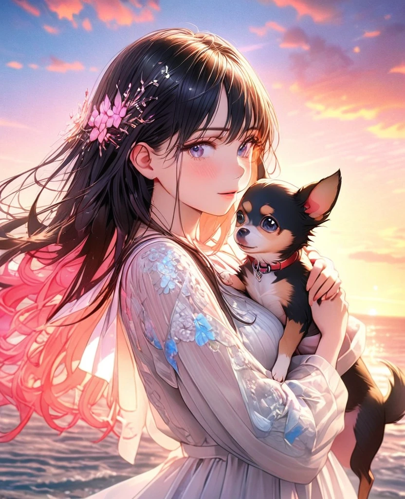8k,Ephemeral beauty，Very delicate and beautiful,Beautiful and realistic skin,,Black Hair、Long and colorful hair,Beautiful Eyes,good,Beautiful sunset、dog(Chihuahua)hug、Chihuahuaクリーム色、浜辺をdogと散歩、casual
