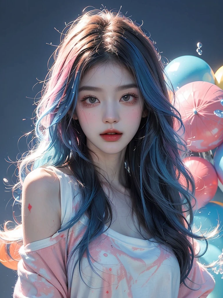 (Masterpiece, Best Quality, High Resolution), White Background, Acrylic Paint, ((Color Splash, Splash of Ink, Color Splash)), Sweet Chinese Girl, Long Light Blue and red Hair, [Light Blue|Pink] Hair, Curly Hair, Glitter, Peach Lips, White Shirt, Front, Upper Body