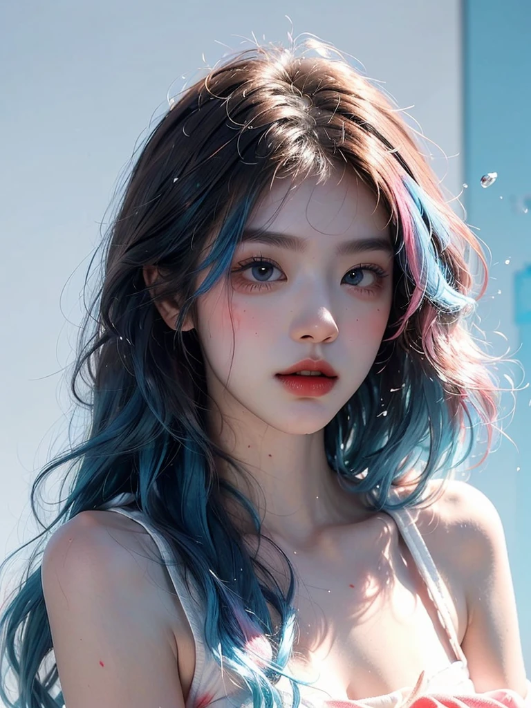 (Masterpiece, Best Quality, High Resolution), White Background, Acrylic Paint, ((Color Splash, Splash of Ink, Color Splash)), Sweet Chinese Girl, Long Light Blue and red Hair, [Light Blue|Pink] Hair, Curly Hair, Glitter, Peach Lips, White Shirt, Front, Upper Body