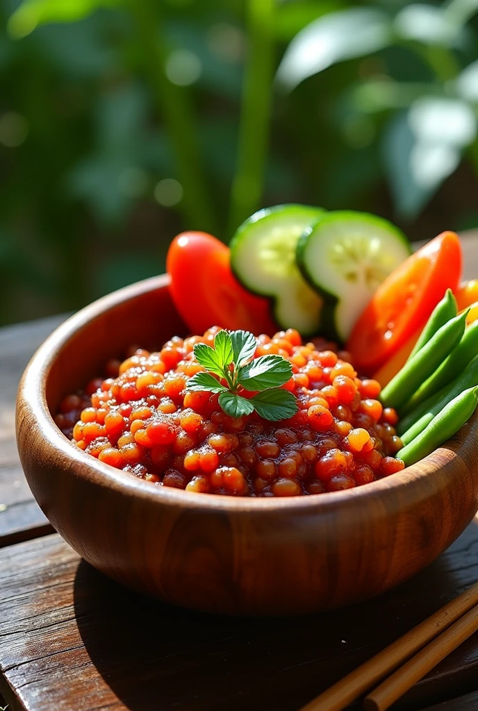 Bagoong with a vegetable in acasia wooden bowl
The bagoong is dark red