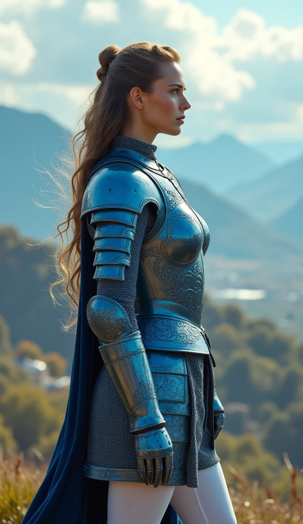 A woman in blue armor and white stockings, stunning details, best quality, panoramic view Full Length Shot(FLS), Front view Full Length Shot(FLS),Front view