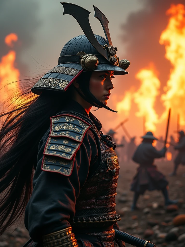 Japan Female Samurai、Female warriors of the Sengoku period、Wearing a helmet、Scene of fierce fighting、There are many people fighting around、Flames are rising all around、Sense of presence。Real、Genuine、26age、Black Hair