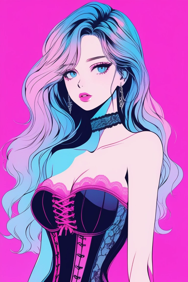 Illustrator, anime , Realistic ,sketch , 1 person, model, Portraiture, lip, She is wearing a strapless, lace-filled corset-like bodysuit., order, Blue and pink gradient background, Medium length hair in neon colors, Big Breasts, Sexy look, Sexy pose, Texture Trim, Russia, (masterpiece,Highest quality)