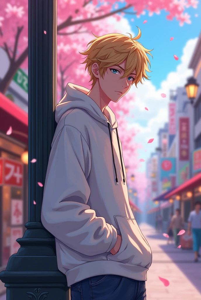 Anime twink with blonde hair and a white hoodie
