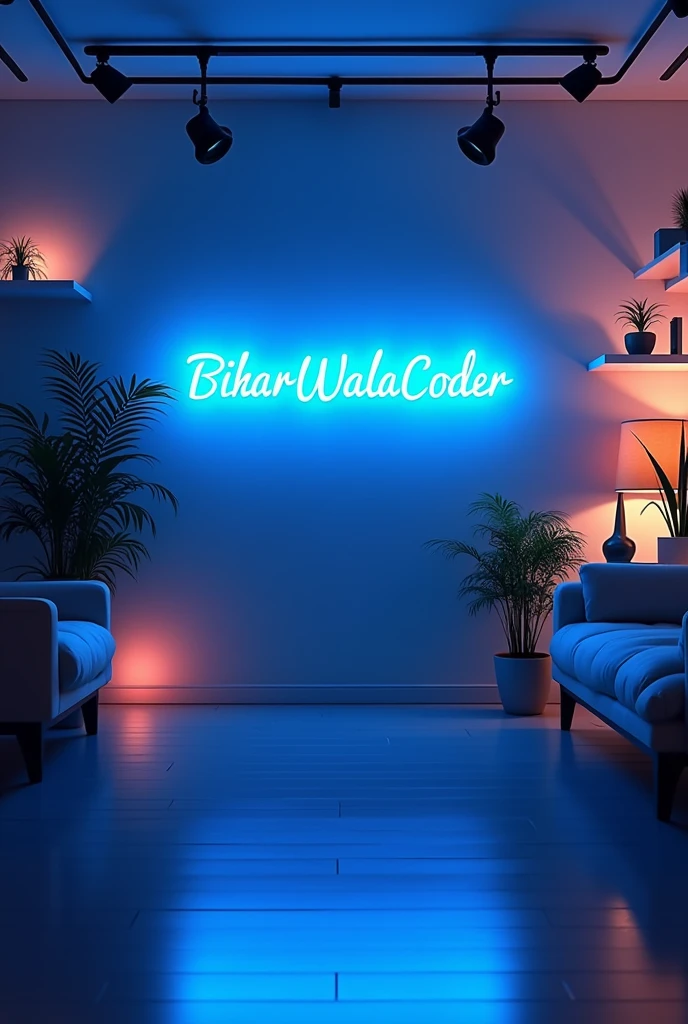 Create a YouTube studio background with a modern and sleek design. In the center of the background, display the name 'BiharWalaCoder' in bright neon lights with correct spelling. The neon lights should be in a vibrant color, such as electric blue or neon pink. Surround the neon text with subtle, complementary lighting and decor that enhances the studio aesthetic. The overall ambiance should be stylish, professional, and inviting, perfect for a YouTube content creator's studio