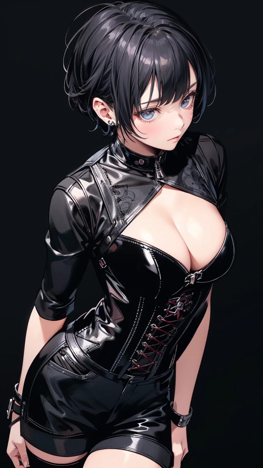 (Top view), A woman with something in her pocket, Asymmetrical short hair, Big Breasts, Exposed cleavage, Leather corset that fits perfectly to the skin, Leather micro mini shorts, Black Background, Anime Style, Digital Painting, (masterpiece), (Highest quality), (Very detailed),