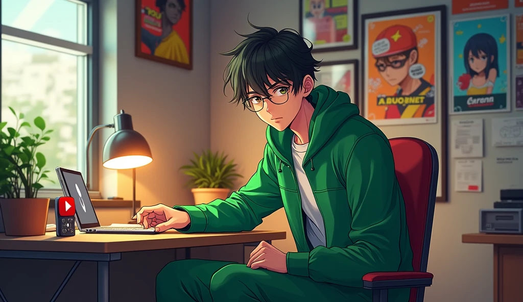Ek asa ladka banao jo dikhne me 24 saal ka ho , aur wo green colour ke pakde pehen ke ho aur wo apne studio me betha ho , aur uske same uska studio table ho , aur uska eye contact viewer ke sath ho , aur uske background me anime ke poster, YouTube ke saman like Play button, lighting wagera rehna chahiye , realistic anime style