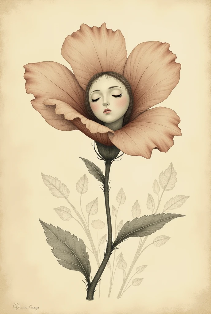 An illustration of a flower with petals ,with a sad and minimalist face,vintage book style illustration