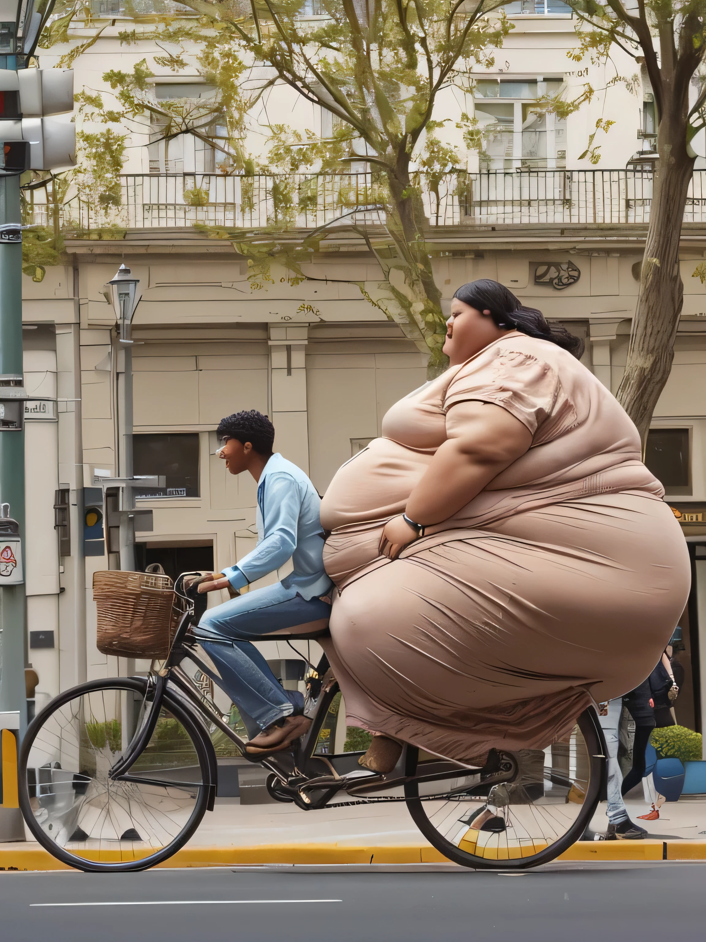 A giraffe riding a bicycle,There was a man sitting on it,Followed by a woman on a bicycle, big and fat, Inspired by Fernando Botero, Fat woman, obesity figure, obesity ), obesity, The buttocks swelled to crazy, an obesity, morbidly obesity, by Weiwei, Very fat, Surrealism, overweight, funny sculpture, an overweight