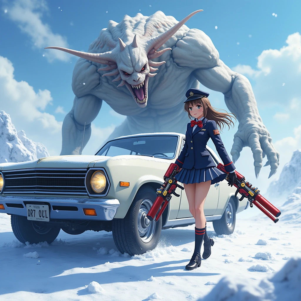 The best texture, high quality, Ultra HD, 8k, Full body photo, Panoramic Photos, snow,Japanese anime style。A beautiful girl in a uniform is standing next to a car, holding colorful sci-fi weapons。The girl is fighting a monster with a pale, mechanical appearance.