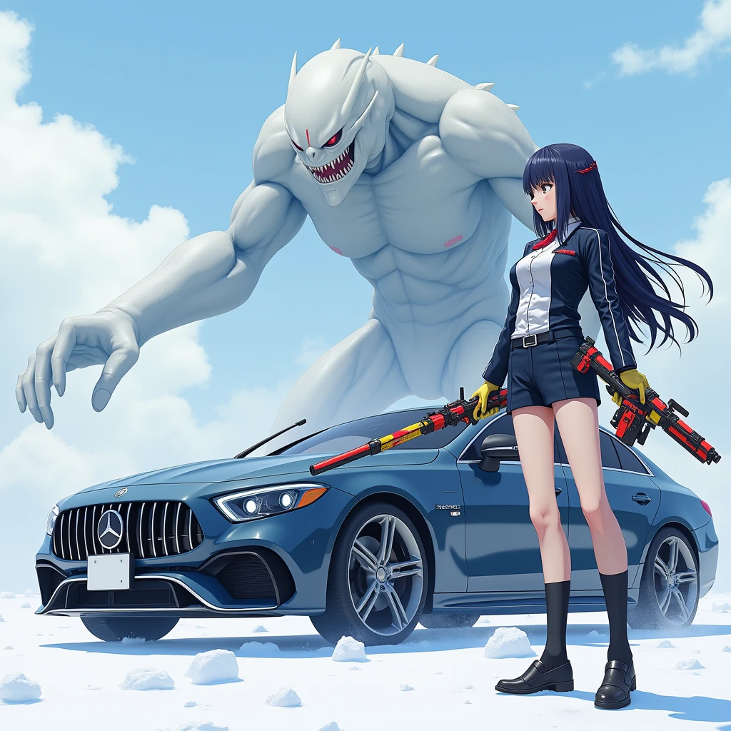 The best texture, high quality, Ultra HD, 8k, Full body photo, Panoramic Photos, snow,Japanese anime style。A beautiful girl in a uniform is standing next to a car, holding colorful sci-fi weapons。The girl is fighting a monster with a pale, mechanical appearance.