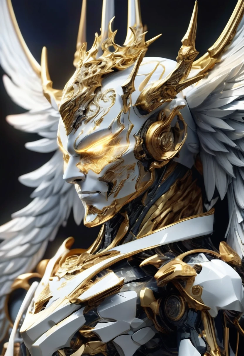 機械のgodの頭のClose-up,profile,Staring at me,Precise details,light emitting parts,universe,god々Fine detail parts,Very luxurious,mechanical devil,White Machine,Mechanical Wings,crown,Golden Ring,Non-human face,(masterpiece, Highest quality, Highest quality, Official Art, beautifully、beautiful:1.2,Ray Tracing),((Close-up))