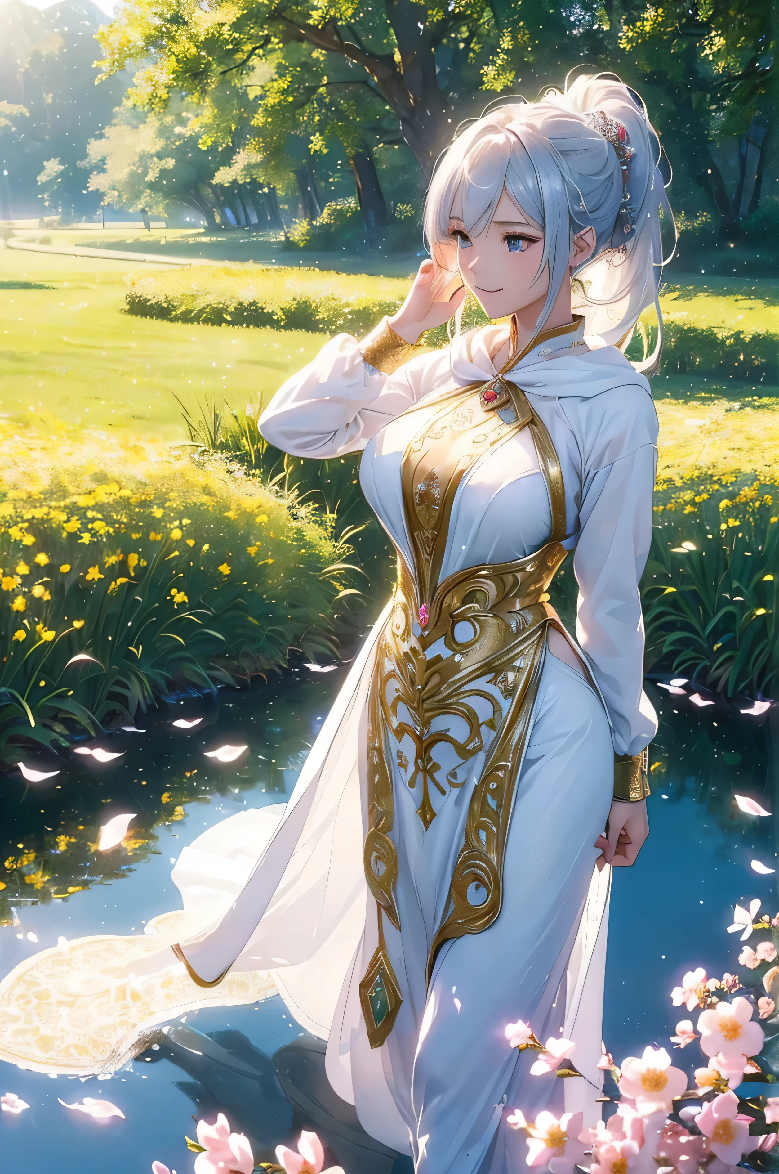 character: A beautiful woman, legendary, fairy, adult, (( white hoodie, innocent, manner)) ((((realistic oil art, 46-year-old Empress, vibrant look, with silver-gold color hair, modest)), perfect body figure, very big breast, very big ass, beautiful face, milf, royal, shine eyes, blue eyes, ponytail long hair style, beautiful skin, Tachibana Omina art style, affectionate eyes, happy smile, a gentle expression on his face, serene scenery of spring , summer, flower petals floating around, dance on the flower field, calm, breeze, sun, lake, reflection, in the background, butterflies in the sky, realism, ((Best quality))),8k,((Masterpiece)),(Extremely refined and beautiful), details: 1girl, masterpiece, extremely detailed, (beautiful detailed glow), lens flare, red flare lens, sun flare, clouds, backlighting, (blue sky) , light from behind, shadow on the figure, sparkling light , standing in the distance, looking at the viewer, full-length , elegance under the sun, hair ornament, movement motion, image look alive, Extremely details hair, fine details, cinematic lighting, beautiful lighting effect, creative design, full body frame, divine aura, hard harmony , sun light, perfect color transition, perfect balance of contrast, perfect color layer, perfectly smooth color blur, soft rendering, smooth color stroke, light glare, optic lens, light ray, soft colors, smooth colors blend, perfect color rendering, harmony, perfect color harmony, beautiful color, soft harmony, light particles, perfect details, intricate details, color prism, fine details, refine details, different view point)))