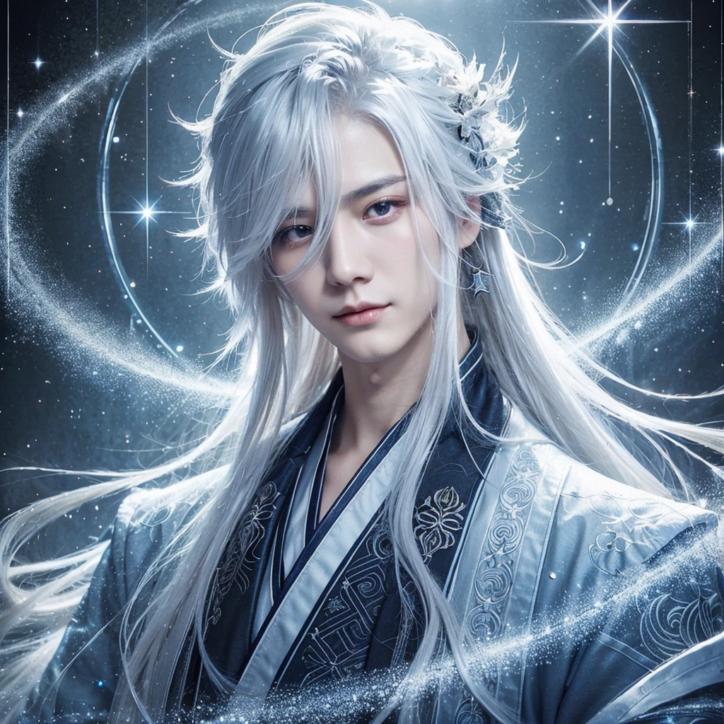 Chinese Donghua style guy
Long White hair,cold,shining star