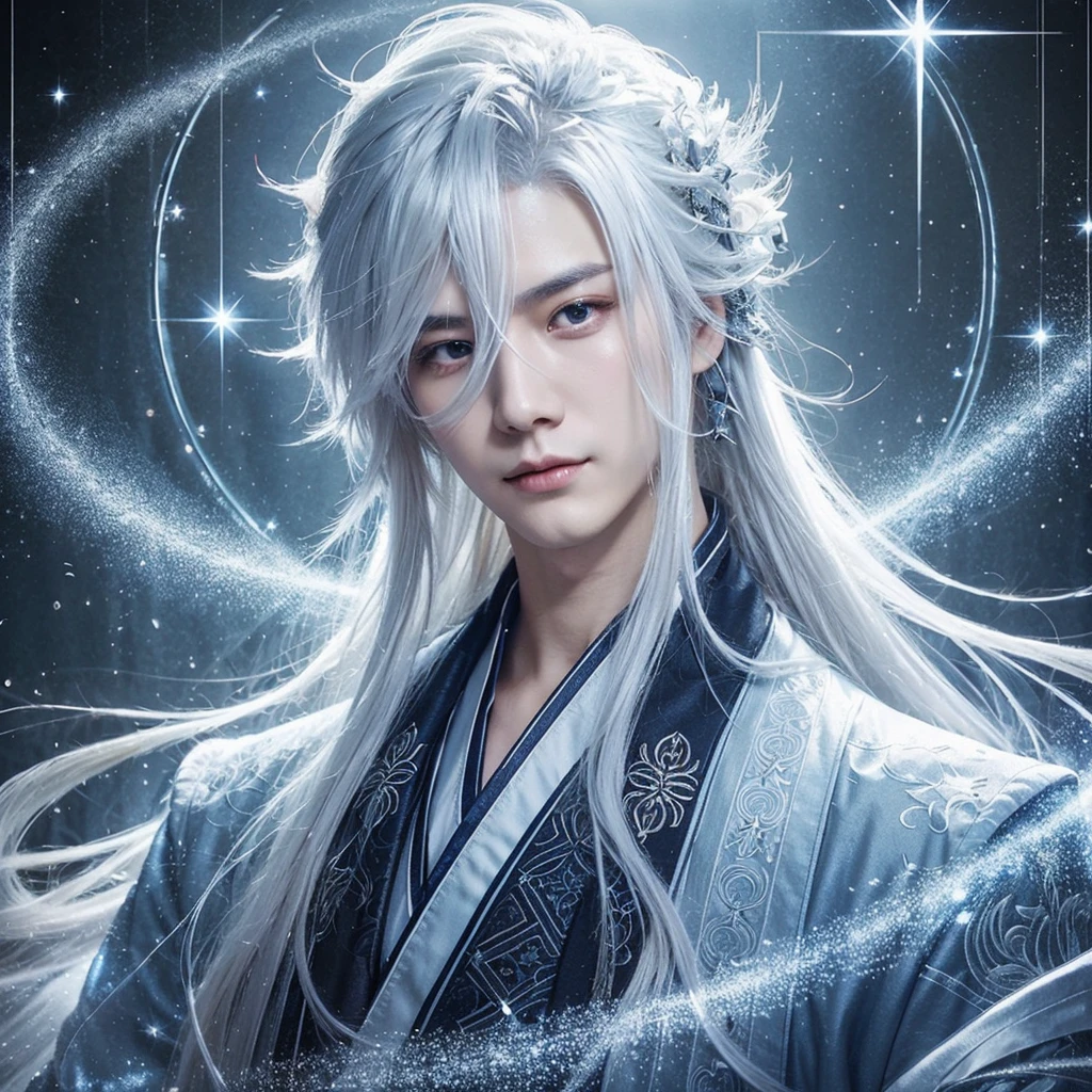 Chinese Donghua style guy
Long White hair,cold,shining star