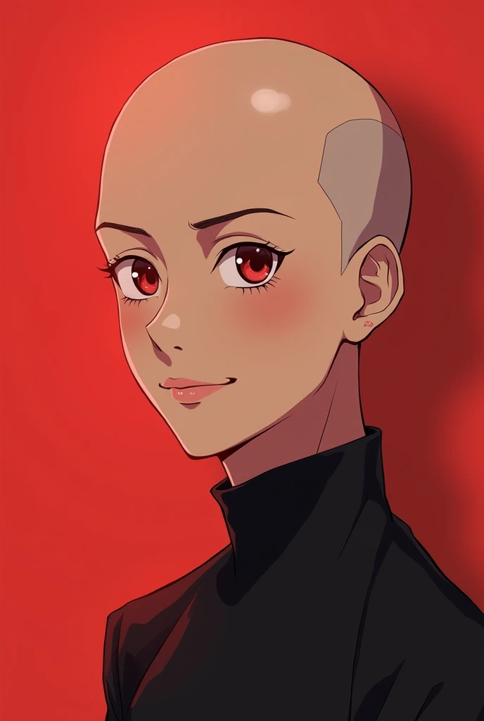 A man with red eyes and no hair on his head. A detailed anime-style portrait of a young character standing with no hair on his head. His face looks clear. He looks straight ahead with a naturally light smile. It can be seen that he is not wearing any clothes, the plane in the background is one color