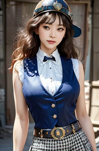 Woman portrait、Highest quality、Rear View、8k, clear, Fine skin、clear, Beautiful Eyes、whole body、Curly Hair、My hair was messed up by the wind、The beauty of a smile、(Big Breasts、expensive)、,(Hip_Excellent, Hip Excellent), Mature Woman,( Observe the audience),Realistic, High resolution, Soft Light,1 female, alone, Hipアップ, Glowing Skin, (Detailed face), Perfect Style, Perfect balance,Blonde,Long Hair,Fine skin,((Lovely waistcoat、Houndstooth)),steampunk style、Costume decorated with lots of gears and clocks,(White and Gold, High-tech Mecha,White dress shirt、button、Epaulettes,beads,Elbow hand pockets,Short tie with jewels、Gemstone Helmet,belt steampunk body stocking,Long skirt、jewelry)、((Put your arms behind your back)),(Bokeh),(Studio Lighting),Shen