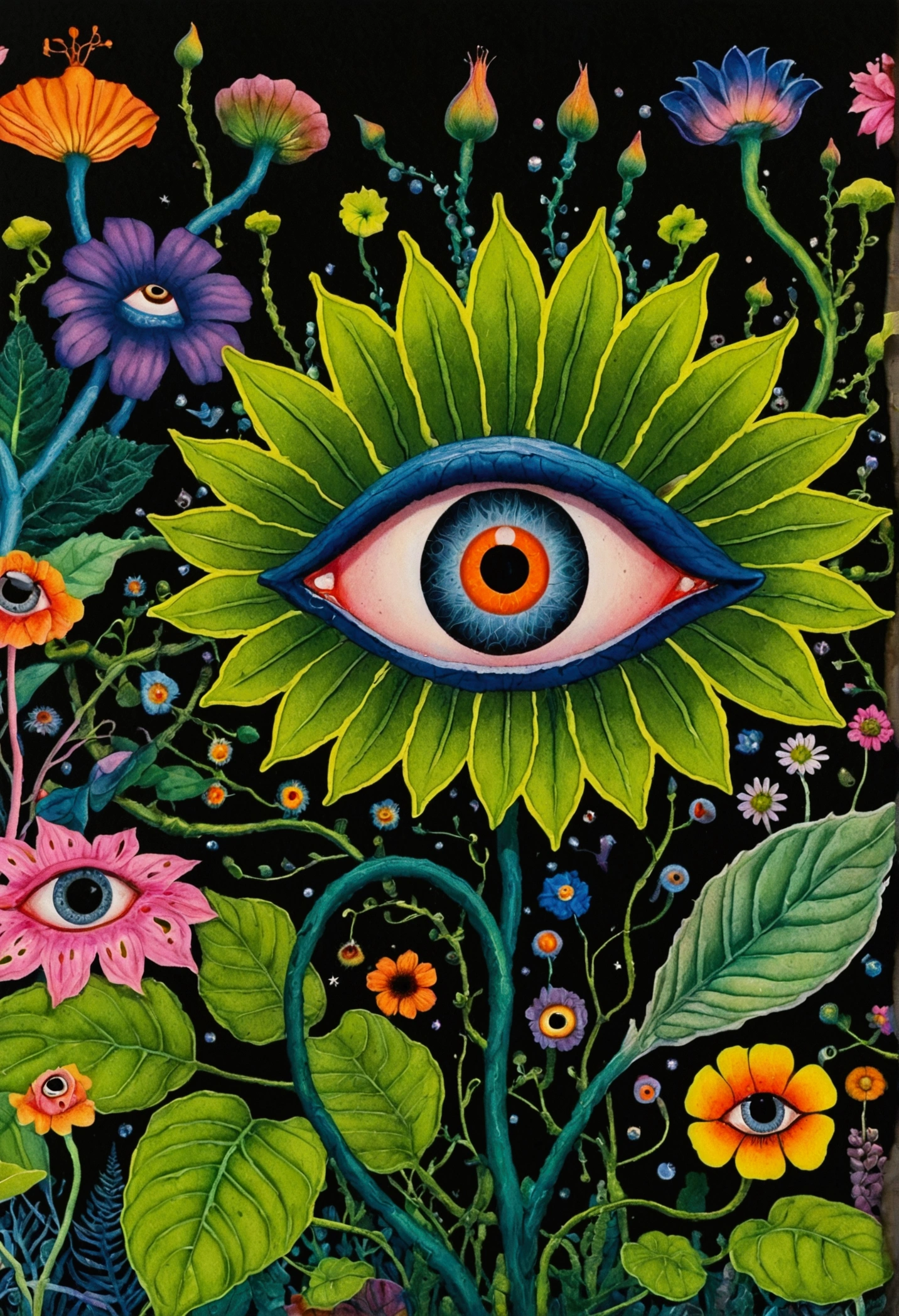 A painting,A flower with big eyes in the painting,Surrounded by plants, Psychedelic surrealist art, The holy grail of the eyes of the brain, Shaman horror ??? art, Psychedelic illustration, Pop surrealism, Surreal psychedelic design, Exotic plants and fauna, Exotic plants, Psychedelic Art, Highly detailed hyperrealistic art, strange plants, hallucinatory art, DMT art, Psychedelic Artwork