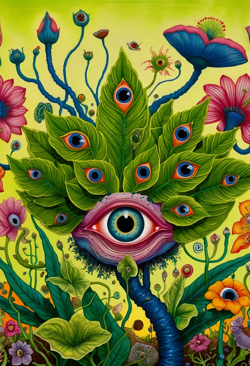 A painting,A flower with big eyes in the painting,Surrounded by plants, Psychedelic surrealist art, The holy grail of the eyes of the brain, Shaman horror LSD art, Psychedelic illustration, Pop surrealism, Surreal psychedelic design, Exotic plants and fauna, Exotic plants, Psychedelic Art, Highly detailed hyperrealistic art, strange plants, hallucinatory art, DMT art, Psychedelic Artwork