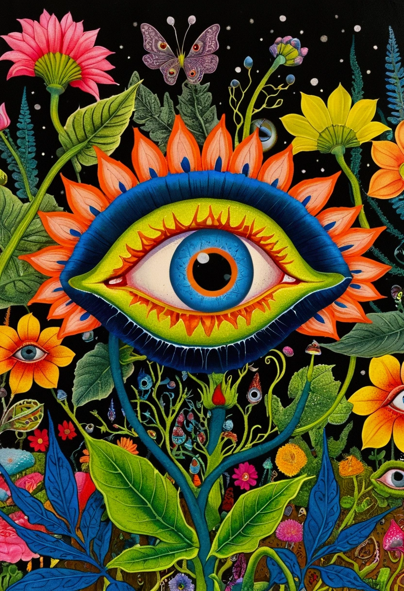 A painting，A flower with big eyes in the painting，Surrounded by plants, Psychedelic surrealist art, The holy grail of the eyes of the brain, Shaman horror LSD art, Psychedelic illustration, Pop surrealism, Surreal psychedelic design, Exotic plants and fauna, Exotic plants, Psychedelic Art, Highly detailed hyperrealistic art, strange plants, hallucinatory art, DMT art, Psychedelic Artwork