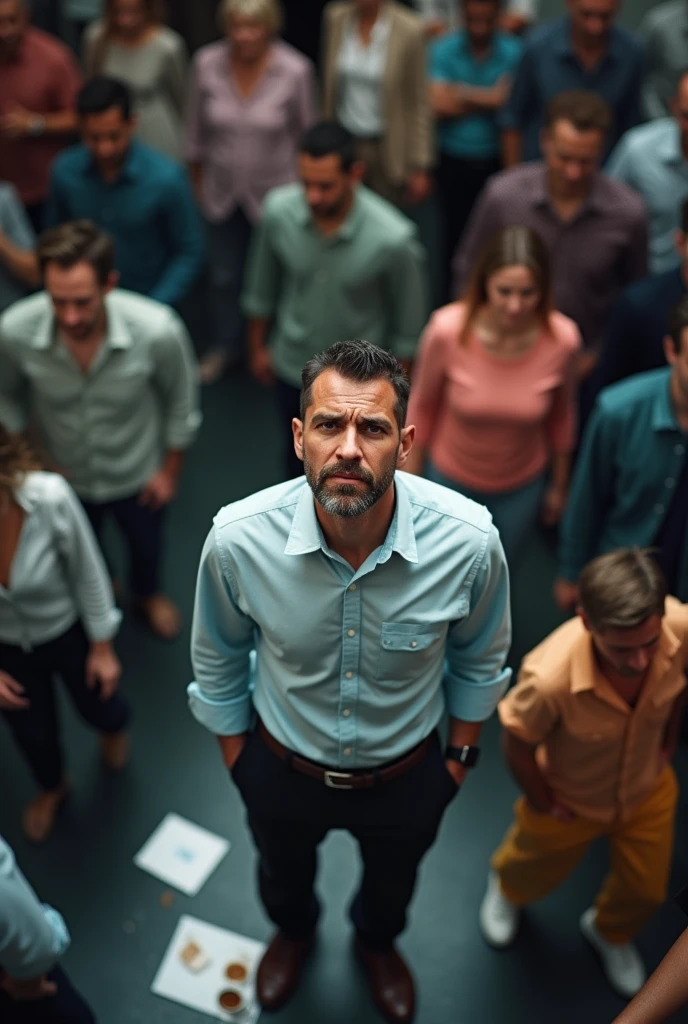 overhead image of a man, apparently frustrated in the midst of the crowd that shows fatigue