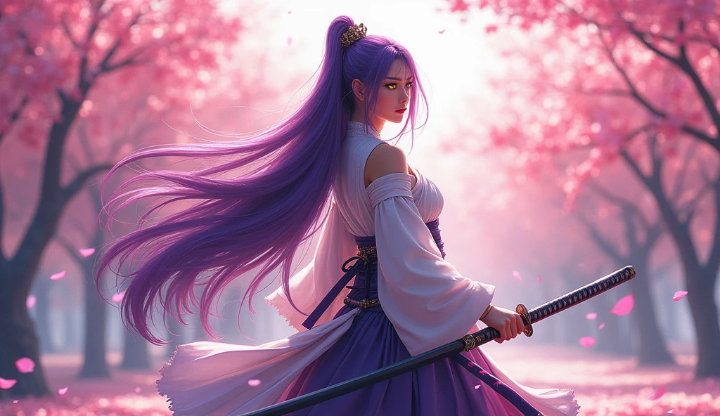 (full body, huge breasts of a better masterpiece: 1.5) 0.9], (beautiful samurai woman: 1.2) (long purple hair: 1.1) (yellow eyes: 1.2) (wielding a sword: 1.0) (cherry trees in the background: 1.0) (A radiant glow: 1.1) (leaves flying through the air: 0.9)