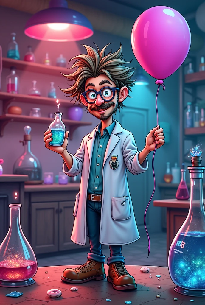 A cartoon of a scientist holding a plastic bottle with a balloon attached to it.