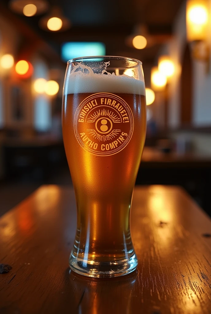 Sab's Home Logo on a Beer Glass: Printed on the bottom of a glass beer glass, just above the base, visible when serving the beverage.