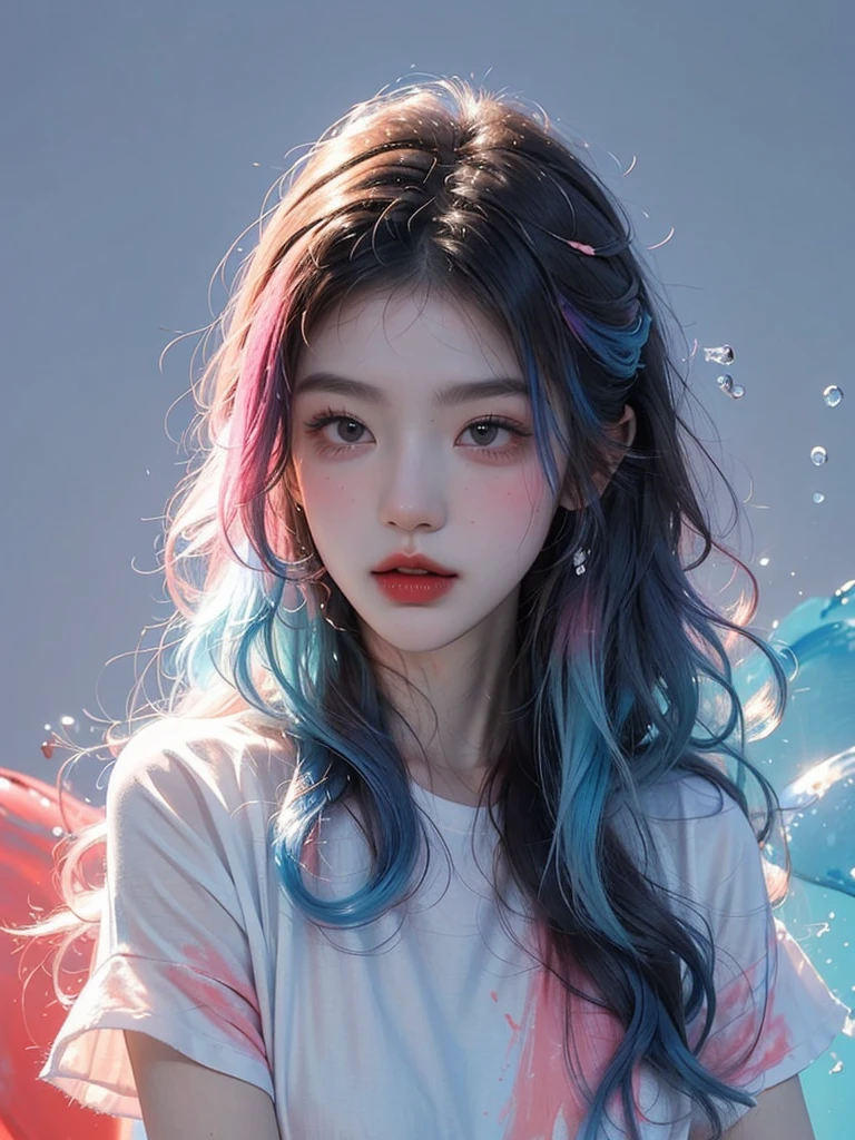 (Masterpiece, Best Quality, High Resolution), White Background, Acrylic Paint, ((Color Splash, Splash of Ink, Color Splash)), Sweet Chinese Girl, Long Light Blue and red Hair, [Light Blue|Pink] Hair, Curly Hair, Glitter, Peach Lips, White Shirt, Front, Upper Body