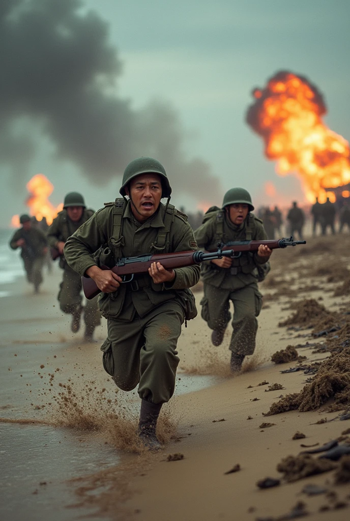 Explosions, gunfire, and soldiers in action, conveying the intense combat scenario of D-Day.Hyper realistic