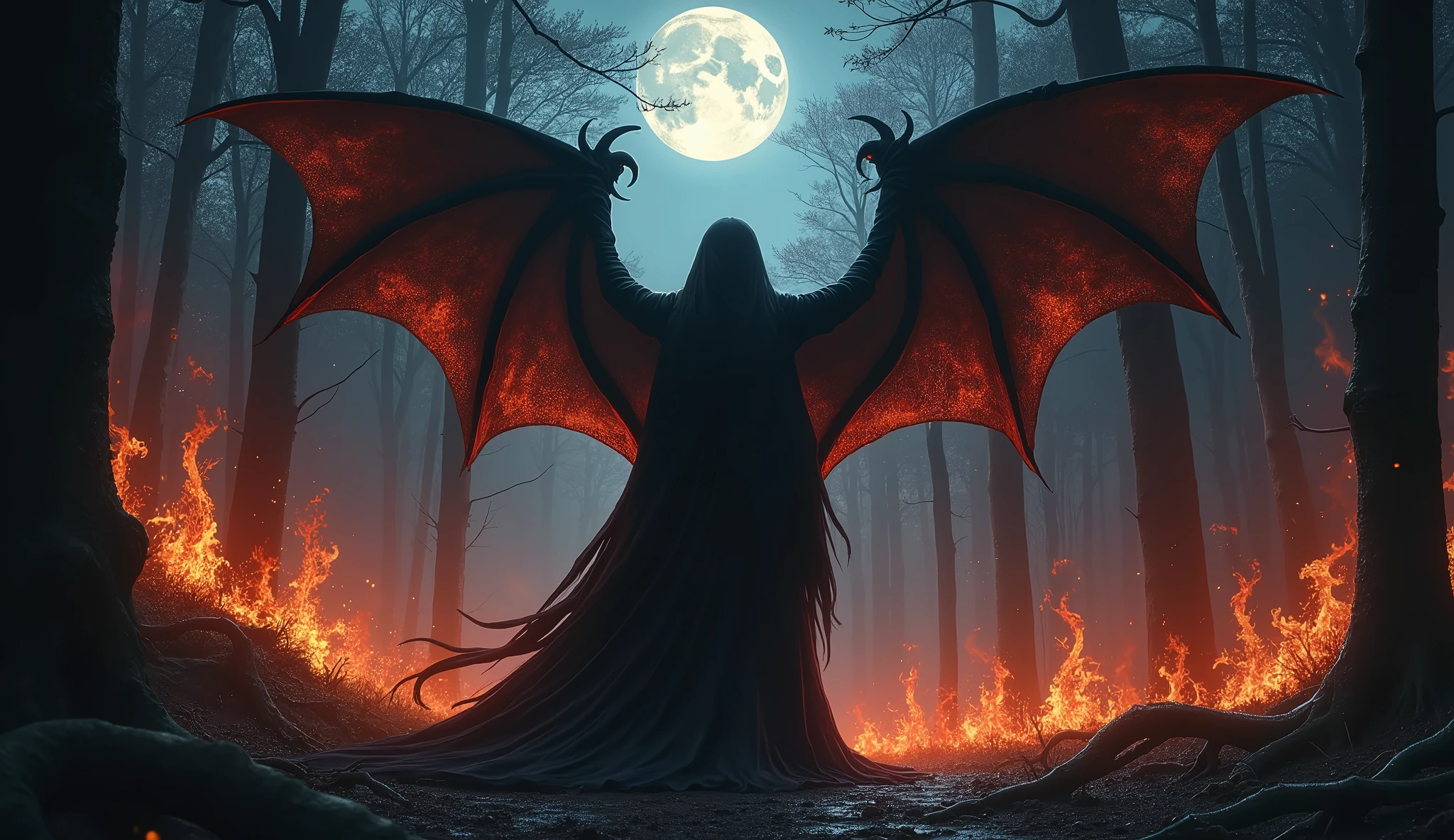 Night of the Demon Priestess: A captivating demon priestess, bathed in the glow of an infernal fire, performing a dark ritual in the depths of a shadowy forest. Her black, flowing robes reveal glimpses of her alluring figure, and her wings spread wide as she chants, her eyes glowing with otherworldly power. The air around her crackles with energy as demons begin to rise from the earth.