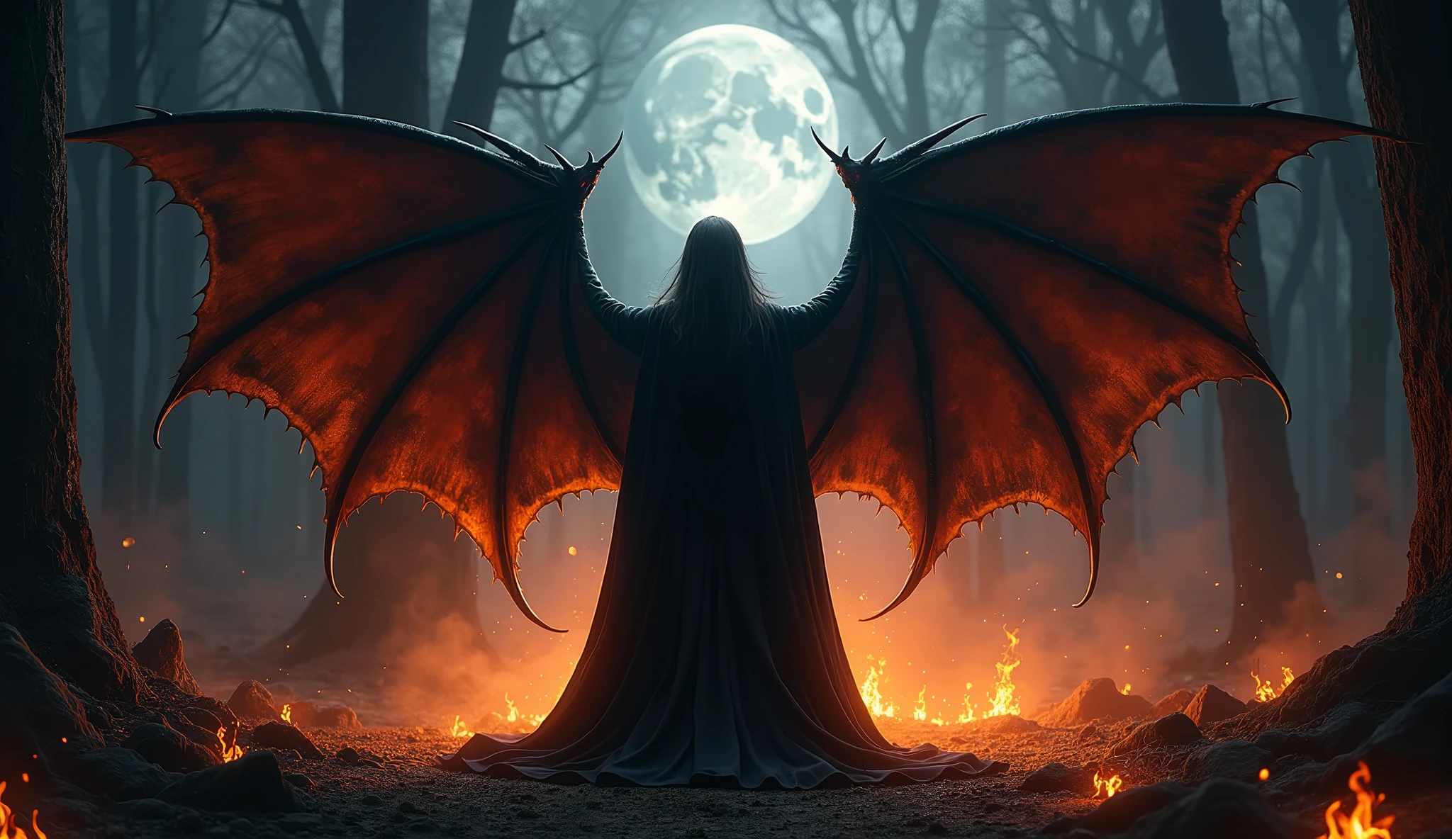 Night of the Demon Priestess: A captivating demon priestess, bathed in the glow of an infernal fire, performing a dark ritual in the depths of a shadowy forest. Her black, flowing robes reveal glimpses of her alluring figure, and her wings spread wide as she chants, her eyes glowing with otherworldly power. The air around her crackles with energy as demons begin to rise from the earth.