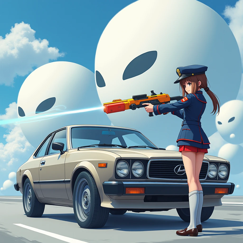 Japanese anime style。A beautiful girl in a uniform is standing next to a car, holding colorful sci-fi weapons。The girl is fighting with a weapon against an existence of pale, geometric forms.