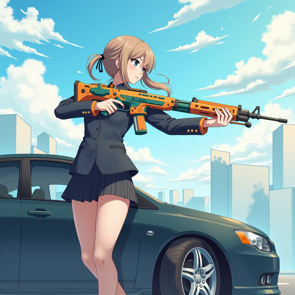 Japanese anime style。A beautiful girl in a uniform is standing next to a car, holding colorful sci-fi weapons。The girl is fighting with a weapon against an existence of pale, geometric forms.