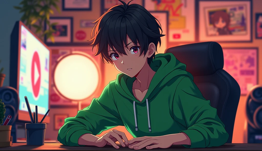 Ek asa ladka banao jo dikhne me 24 saal ka ho , aur wo green colour ke pakde pehen ke ho aur wo apne studio me betha ho , aur uske same uska studio table ho , aur uska eye contact viewer ke sath ho , aur uske background me anime ke poster, YouTube ke saman like Play button, lighting wagera rehna chahiye , realistic anime style