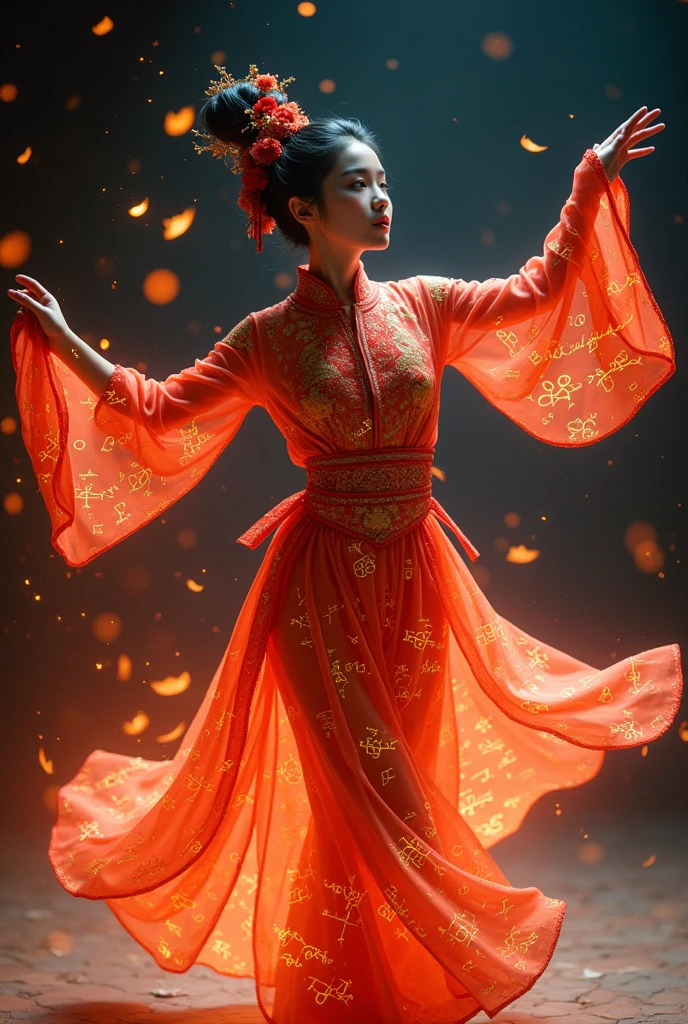 Dunhuang girl in anime style, Wear Dunhuang costumes，Dance to the sky，Glowing orange holographic equations projected onto skin and clothing.. Strong gaze, Realistic features. Dark background, Cyberpunk aesthetics. Glowing math formulas, Handwriting style. Futuristic, High-tech atmosphere. Photorealistic rendering, Dramatic Lighting, In sharp contrast